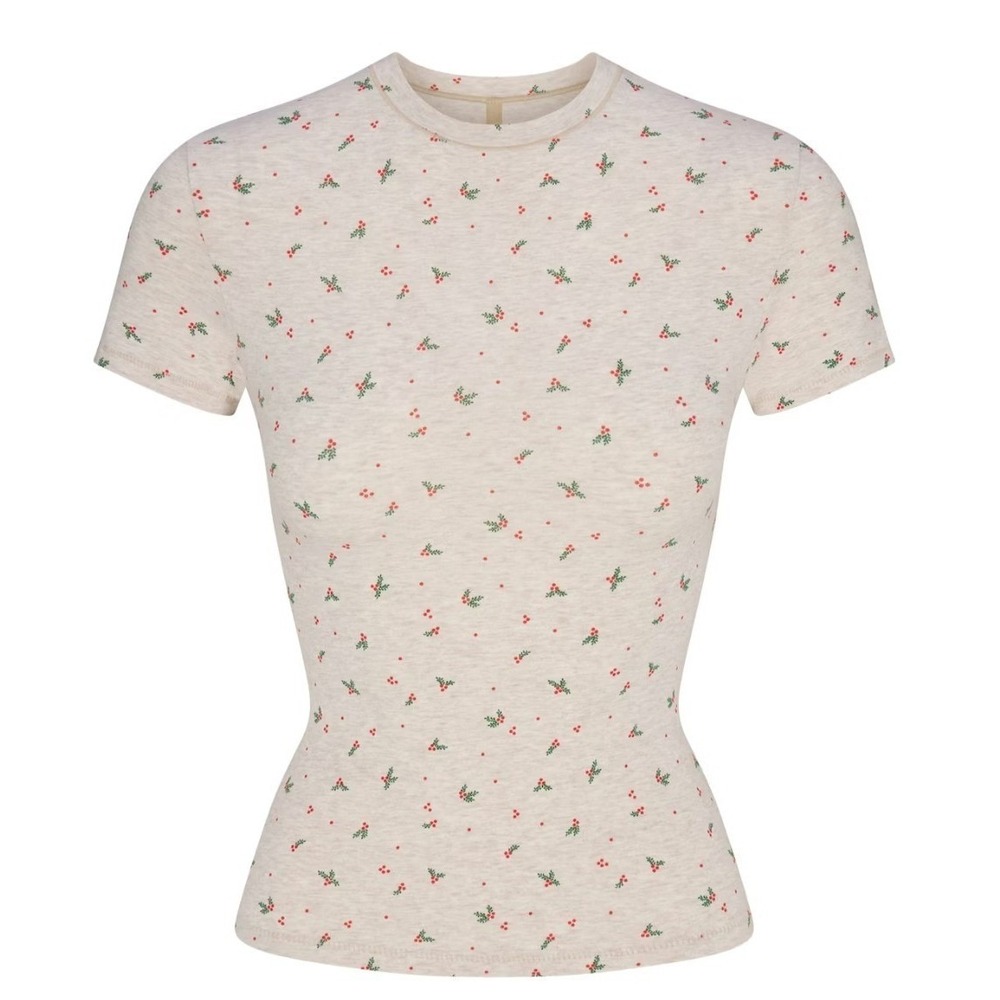 Skims Cotton Jersey T-Shirt Oatmeal Holly Print SS-STT-9004W Womens XS Holiday